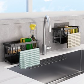 Resim Havlu Askılı Çok Amaçlı Mutfak Lavabo Düzenleyici - Metal süngerlik, Bulaşık Sabunu Rafı & Kendi Kendine Akışlı Tepsi - Siyah ve Beyaz 