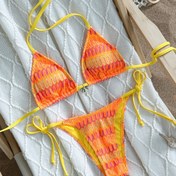 Resim Çizgili Desenli ve Klasik Parlak Renk Bağcıklı İki Parçalı Kadın Bikini Mayo 