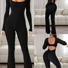 Resim Kadın Seksi Sırtı Açık Bodycon Tulum - Uzun Kollu, Düz Renk, İspanyol Paça, Yüksek Bel, Esnek ve Vücuda Oturan, Günlük Geziler İçin Mükemmel, Günlük Giyim Tulumu | Seksi Tulum | Esnek Kumaş 