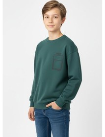 Resim Baskı Detaylı Bisiklet Yaka Erkek Çocuk Sweatshirt-90914 Yeşil 