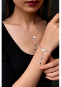 Resim Papatya Silver 925 Ayar Gümüş Rodyum Kaplama Zincir Sallantılı Taşlı Sedef Manolya Çiçeği Kolye ve Bileklik Set 