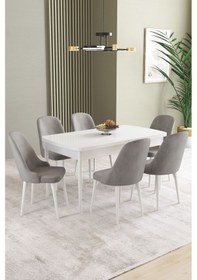 Resim Ikon Beyaz 80x132 Mdf Açılabilir Yemek Masası Takımı 6 Adet Sandalye Gri 