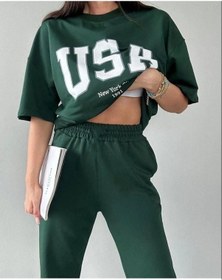 Resim Usa T-shirt Eşofman Altı Jogger- Yeşil Baskılı Alt Üst Eşofman Takım Oversize Bisiklet Yaka Yeşil 