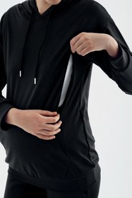 Resim Uzun Kollu Fermuarlı Kapüşonlu Esnek Kumaş Hamile Sweatshirt SW01 - Vizon / 2XL 