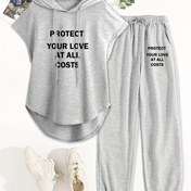 Resim Kadınlar için Rahat Polyester Kolsuz Kapüşonlu Üst ve Harf Baskılı Elastik Bel Örgü Cep Pantolon Seti Bahar/Yaz için 