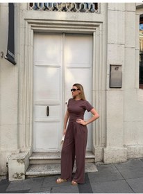 Resim Bonacosa Kadın Viskon 3 Lü Takım Kimono + Beli Lastikli Salaş Pantolon + Kısa Kol Tshirt 8 Renk Kahverengi 
