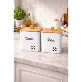 Resim Feyza Design Bambu Kapaklı Kare Metal Patates ve Soğanlık, Şıklık ve Düzen Sağlar 