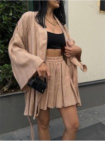 Resim Jakarlı Kimono - Şort Takım - Bej - M 