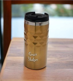 Resim Kişiye Özel Baskılı Geometrik Desenli Gold Altın Renk Termos Bardak 300ml 