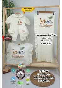 Resim Gros Shop Müslin Yeni Doğan 4katlı Organik %100pamuk Kişiye Özgü Nakışlı Hastane Çıkış Seti-safari Model Ekru-1 