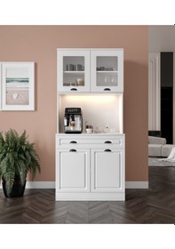 Resim Guneystore Luna 2 Kapaklı Kahve Köşesi 93 Cm Mdf, Led Aydınlatmalı, Çok Amaçlı Mutfak Ve Airfryer Dolabı Beyaz 