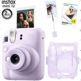Resim Fujifilm Instax mini 12 Lila Fotoğraf Makinesi-20'li Film-Kıskaçlı Resim Standı ve Simli Pleksi Kılıf Seti 