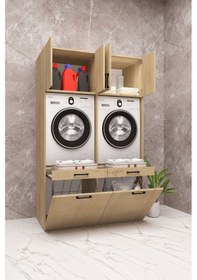 Resim Mdf Çamaşır Makinesi Ve Kurutma Makinesi Dolabı Çift Sepetli Ahşap Lefkas Meşe 