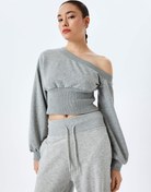 Resim Korse Detaylı Asimetrik Yaka Omzu Açık Crop Sweatshirt 