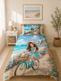 Resim Evmila Karikatüristik Bisikletli Kız Temalı Nevresim Takımı - 160x220 cm Nevresim (Tek Kişilik Özelleştirilmiş ) + 50x70 cm Yastık Kılıfı 