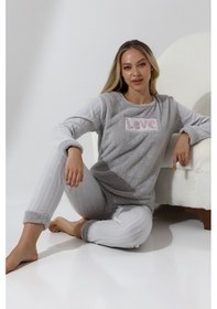 Resim Wordex Fawn 5019 Peluş Welsoft Polar Kışlık Yumoş Kadın Pijama Takımı Love Açık Gri 