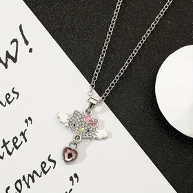 Resim 1 Adet Sanrio Hello Kitty Melek Kanatlı Kolye - Parıltılı Kristaller ve Pembe Kalp Charm ile, Kadınlar, Aile & Arkadaşlar için Sevimli Karikatür Takı Hediyesi, Günlük Aksesuar, Şık Tasarım, Detaylı İşçilik 