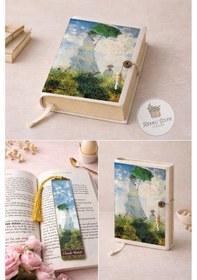 Resim Kitap Kılıfı Ve Metal Kitap Ayracı Seti Claude Monet Gezinti Şemsiyeli Kadın 