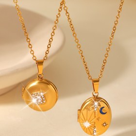 Resim 1 adet, 18k Altın Kaplama, Paslanmaz Çelik Yuvarlak Taşlı Albüm Açık Kolye, Erkekler ve Kadınlar için Klasik Lüks Paslanmaz Çelik Takı, Düğün ve Mezuniyet Sezon Hediyeleri 