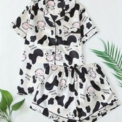Resim Ergenlik İçin Casual Polyester Pijama Seti, Çizgi Film Sığır Baskısı, Hafif Esneme, Tüm Mevsim Uyku Giysileri ile Yaka Klapası ve Elastan Karışımı, Normal Beden Dokuma Ev Giysileri Seti 