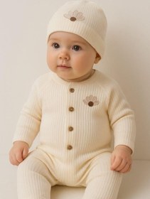 Resim Zekids Kız Bebek Organik Pamuklu Çiçek Nakışlı Tulum Şapka Takım-16178 Krem 