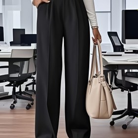 Resim Şık Siyah Yüksek Bel Geniş Bacaklı Pantolonlar Metal Düğme Detayları ile - İş İçin Şık ve Profesyonel Tarz, Yüksek Kaliteli Polyester, Rahat Bol Kesim, Günlük veya Ofis Giyim İçin Mükemmel 