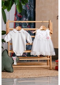 Resim Lamato Baby Şimli Çiçekli Dantelli Badili Bandanalı Bebe Mevlütlük Kız Elbise Pembe 