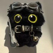Resim 1 Adet Sevimli Gözlüklü, Gitarlı ve Deri Tasması Olan Siyah Kedi Peluş Oyuncak - Tüm Irk ve Boyutlar İçin Dayanıklı Çiğnemeye Dirençli, Pil Gerektirmeyen Etkileşimli Evcil Hayvan Aksesuarı, Yumuşak Peluş Malzeme 