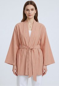 Resim Saade Kiremit Kadın Dikey Çizgili Geniş Kollu Şık Yazlık Relaxed Kimono 