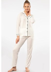 Resim Türen 3365 Kadın Uzun Kollu Gömlek Yaka Pijama Takım-ekru Çok Renkli 