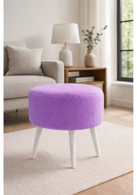 Resim Waterybrook Yuvarlak Puf Welsoft Kumaş Beyaz Ahşap Ayaklı - Makyaj - Yatak Ucu - Dekoratif Oturma Pufu Lila 