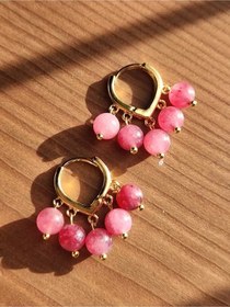 Resim Çilek Kuvars Taşı Altın Kaplama Salkım Küpe Pembe 