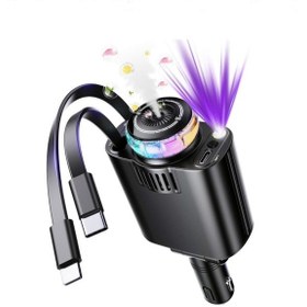 Resim 4 Ü 1 Arada Araç Şarj Cihazı Nemlendirici & Aroma Difüzör Type-c + Lightning, Rgb Yıldız Işıklı Siyah 