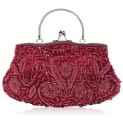Resim Boncuklu Payet Gece Çantası, Zarif Üst Halkalı El Abiye Çanta Bordo 