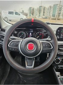 Resim Siyah Alcantara Nubuk Deri Yüzüklü Kırmızı İpli Geçmeli Direksiyon Kılıfı A Kalite Siyah 