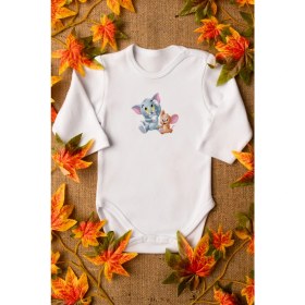 Resim Overoz Unisex Bebek Tom ve Jerry Organik Baskılı %100 Pamuklu Beyaz Çıtçıtlı Body Zıbın 8078 