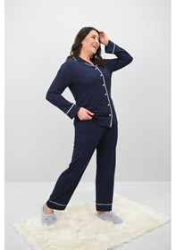 Resim Kadın Büyük Beden Uzun Kollu Önden Düğmeli Pijama Takımı 4234-25 Çok Renkli 