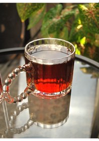 Resim 6'lı Boncuklu Cam Bardak Kupa Kulplu Çay Bardağı Sunum -320 Ml 