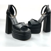 Resim Yüksek Çift Platform Önü Açık Topuklu Ayakkabı Siyah Cilt Siyah 