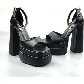 Resim Yüksek Çift Platform Önü Açık Topuklu Ayakkabı Siyah Cilt Siyah 
