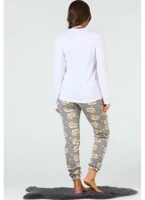 Resim İpek Ayıcık Desenli Uzun Kollu Kadın Pijama Takımı Gri Gri - Ekru 