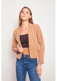 Resim Yakalı Flato Cepli Uzun Kol Pamuklu Kumaş Kısa Blazer Ofis Ceket-camel CAMEL 