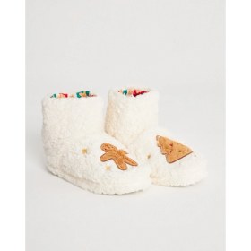 Resim Chirpy Kadın Beyaz Peluş Panduf - Cookie Noel Temalı Çok Renkli Desen ile Sıcak Tutma 