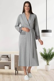 Resim CT MODA Kadın Gri Dantelli Tasarım Pamuklu Uzun Kuşaklı Sabahlık 