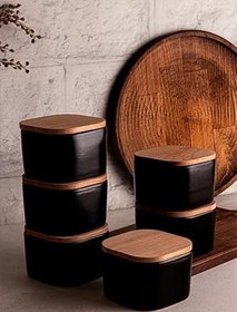 Resim Amandus Luma Soft Siyah - 6'lı Ahşap Vakumlu Kapaklı Seramik Kahvaltılık Seramik Kase Çerezlik 300 ml Siyah Tek Ebat 