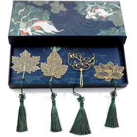 Resim Brass Metal Antik Stil Yaprak Damar Hollow Kitap İşareti Klasik Stil Lotus Öğretmenler Günü Hediye Kutu Seti 