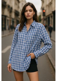 Resim Rich Kadın Mavi Beyaz Oversize Ekoseli Gömlek Over Fit Relaxed Gömlek Çok Renkli 