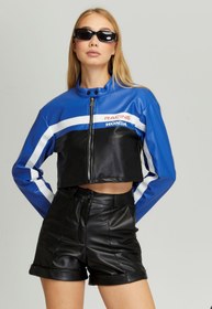 Resim Black Level Kadın Kısa Oversize Baskılı Motorcu Ceketi Fermuarlı Kolej Mont Bomber Deri Yarışçı Montu 