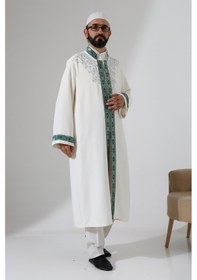 Resim Nakış İşlemeli Hakim Yaka İmam Cübbesi, Çıt Çıtlı Cepli Namaz Cübbesi Yeşil Bordürlü - Krem Yeşil 