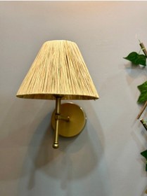 Resim Rafya Saçaksız Bohem Hasır El Yapımı E27 Ampül Kablolu Aplik - Alt Eskitme Gold Natural 